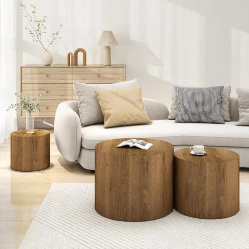 Miniatura 7 de Vikiullf Juego de 3 mesas de centro anidadas, mesas redondas de madera, mesa circular moderna para sala de estar, dormitorio, mesa auxiliar