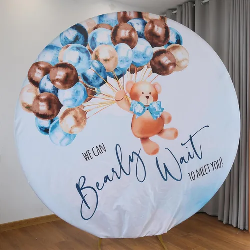 We Can Bearly Wait to Meet You Baby Shower - Telón de fondo redondo para tema de oso de peluche, niño, azul pastel, marrón, baby shower, fondo de