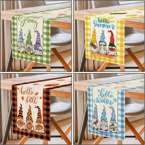 Miniatura 3 de 4 piezas de lindos gnomos con estampado de cuadros búfalo, camino de mesa de 72 pulgadas de largo, Hello Spring Hello Summer decoración de mesa