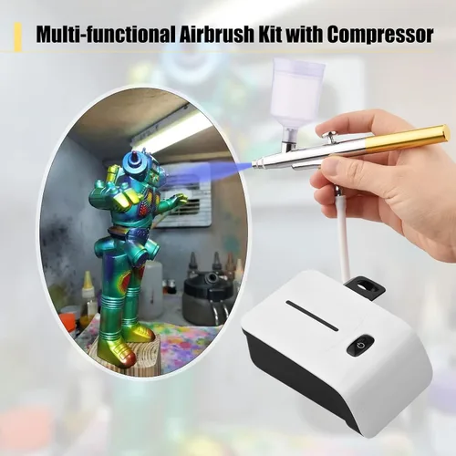 Miniatura 4 de Kit de aerógrafo con compresor, juego de cepillos de aire de mano, presión ajustable de 5 niveles de doble acción con 2 vasos de pintura