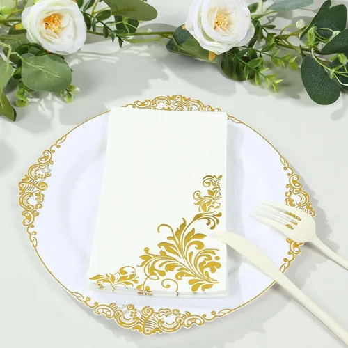 Miniatura 11 de Efavormart - Paquete de 20 servilletas desechables de papel de lino suave de papel de lino Airlaid de lámina dorada, color blanco Oro