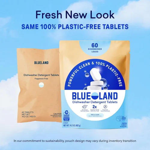 Miniatura 10 de BLUELAND - Tabletas de detergente para lavavajillas 100% libres de plástico, 60 unidades, libres y transparentes, ecológicas, cortan la grasa y se