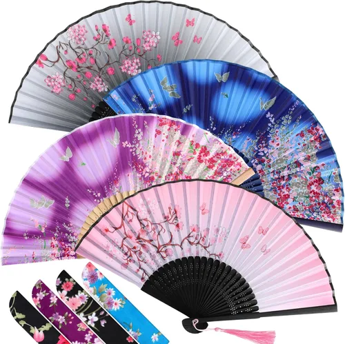 Miniatura 24 de Zonon Paquete de 4 abanicos plegables florales de mano, abanicos de bambú de seda con borla para mujer, ventilador plegable de mano ahuecado