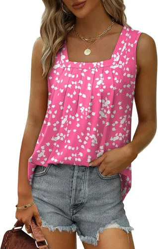 Miniatura 27 de Saloogoe - Camisetas sin mangas veraniegas para mujeres, plisadas con cuello cuadrado y dobladillo curvado, blusas de ajuste holgado con movimiento