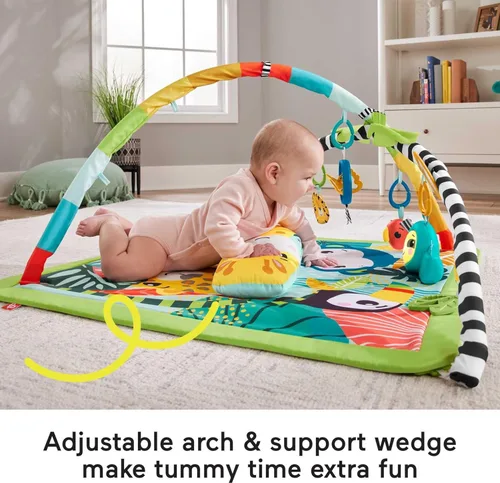 Miniatura 5 de Fisher-Price Alfombra de juego para bebé, 3 en 1, diseño de selva tropical, gimnasio sensorial con música y luces, cuña de abdomen y 5 juguetes