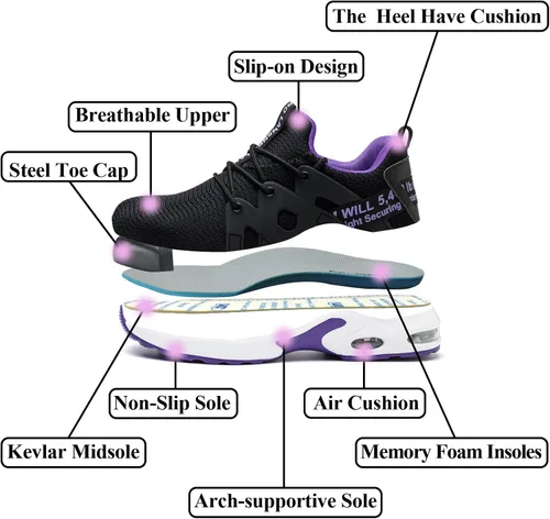 Miniatura 5 de LANSNBO Zapatos de punta de acero para mujer, zapatos de trabajo de seguridad indestructibles, con amortiguación de aire, ligeros, transpirables