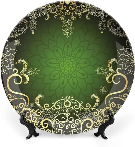 Miniatura 11 de XISUNYA Plato decorativo de 6 pulgadas, porcelana redonda de mandala dorada, plato de exhibición de estampado floral indio oriental para mesa