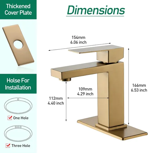 Miniatura 6 de VOTON Grifo de baño de oro cepillado, moderno grifo de baño de 1 agujero, grifo de lavabo de baño de una sola manija, oro cepillado con placa