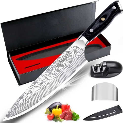 MOSFiATA - Cuchillo de chef profesional súper afilado de 8 pulgadas con protector de dedos y sacapuntas, acero inoxidable alemán de alto carbono