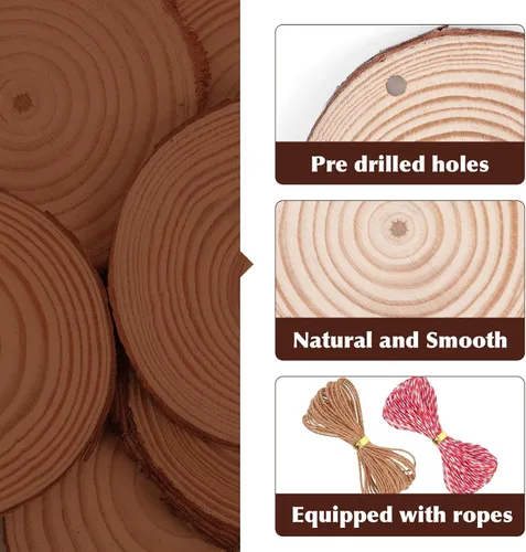 Miniatura 4 de 30 paquetes de rebanadas de madera para manualidades, 2.4-2.8 pulgadas de rondas de madera natural sin acabar con corteza de árbol. Círculos