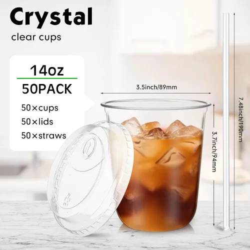 Miniatura 3 de Ziliny 50 juegos de vasos de plástico transparente con tapas y pajitas, vasos desechables para café helado a granel PET para vino, cóctel, batido