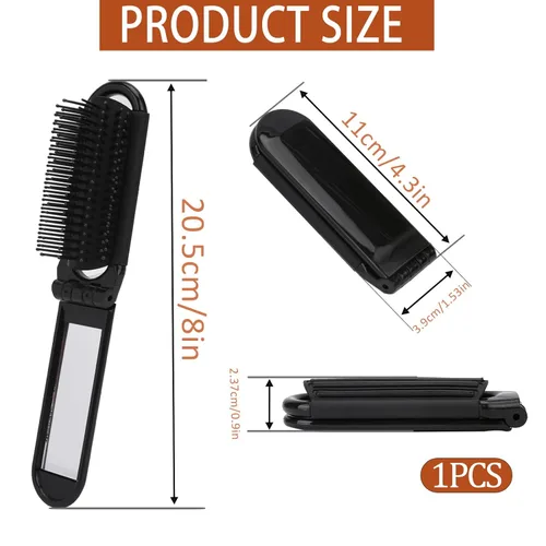 Miniatura 4 de Cepillo de pelo portátil de viaje, pequeño cepillo plegable compacto con espejo y punta redonda, cerdas de nailon para mujeres y hombres, mini peine