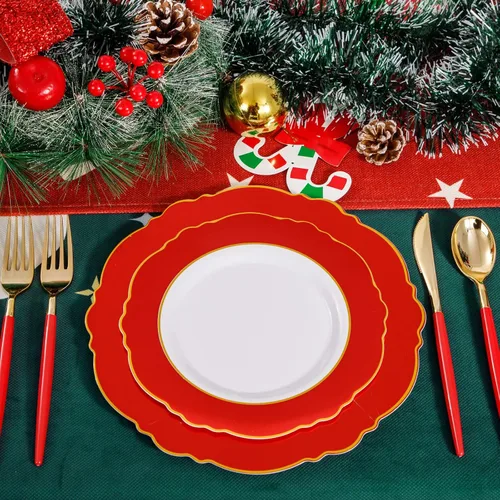 Miniatura 2 de WDF 30Guest - Platos de plástico rojo – cubiertos de plástico dorado con mango rojo – platos rojos desechables – Vajilla barroca de plástico