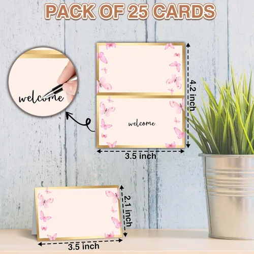 Miniatura 2 de 25 tarjetas de lugar con temática de mariposa dorada rústica, 2 x 3.5 pulgadas (plegadas), 4 x 3.5 pulgadas (desplegadas), perfectas para fiestas
