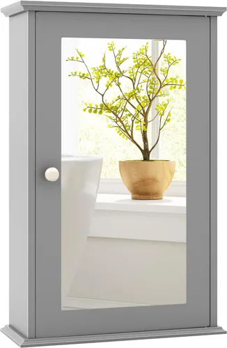 Miniatura 10 de Tangkula Botiquín de baño con espejo, armario de almacenamiento de puerta de espejo único montado en la pared con estante ajustable, gabinete