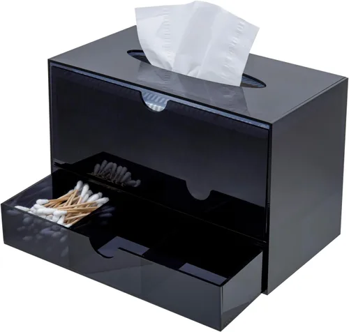 Miniatura 6 de MyGift Organizador de cosméticos de acrílico negro premium y cubierta de caja de pañuelos con cajón de almacenamiento de maquillaje extraíble