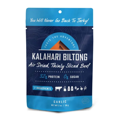 Ajo Kalahari Biltong, carne de res en rodajas finas secadas al aire, 2 onzas (paquete de 1), sin azúcar, sin gluten, keto y paleo, aperitivo alto en