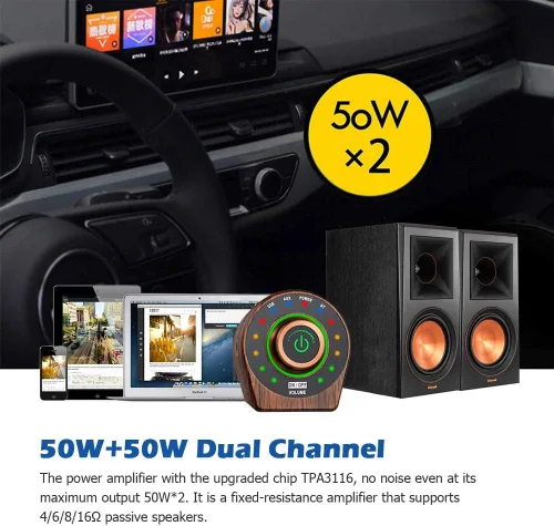Miniatura 6 de Amplificador de potencia Bluetooth 5.0 Receptor de audio inalámbrico estéreo Hi-Fi Digital Clase D Amplificador integrado 2 canales 50W+50W