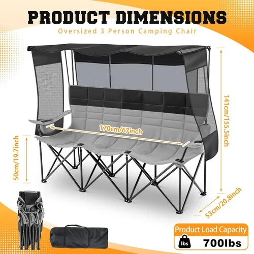 Miniatura 3 de Teenyyou Silla de camping para 3 personas con toldo – Silla de playa de gran tamaño con protección solar UV, sofá biplaza plegable resistente de 700