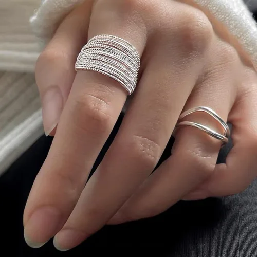Miniatura 2 de EXPHAIN Anillo ajustable para mujer, de múltiples capas, único, envolvente, minimalista, a la moda, anillos de plata, joyería, Metal no precioso.