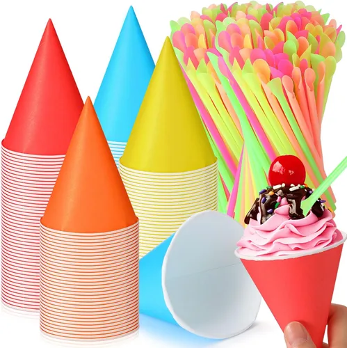Miniatura 11 de Eaasty 200 tazas de cono de nieve y pajitas, cucharas de 4.5 onzas, popotes de papel desechables, cuchara de paja para aguanieve, helado afeitado