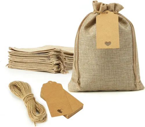 FOCCIUP 10 bolsas de regalo de arpillera de 6.6 x 9 pulgadas con cordón para boda, fiesta, joyería, manualidades, embalaje con etiquetas