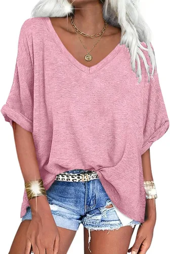 Miniatura 29 de UNCLECAT Camisetas de gran tamaño con cuello en V para mujer, camisas de manga corta de verano, holgadas, casuales