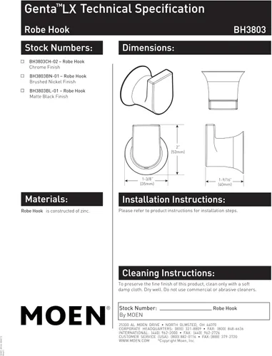 Miniatura 8 de Moen Genta LX Gancho Moderno para Bata o Toalla Negro Mate Individual para Cocina o Baño, BH3803BL