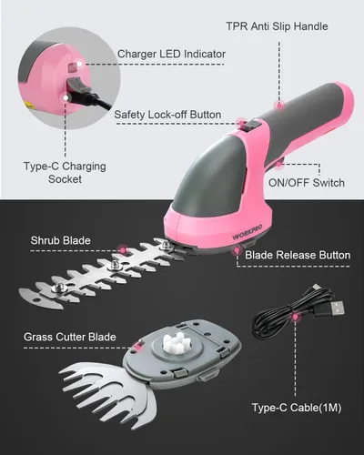 Miniatura 8 de WORKPRO - Cizalla manual 2 en 1 para césped, setos y arbustos, inalámbrica, de 7.2 V, cizalla eléctrica con batería de litio recargable, incluye Rosa