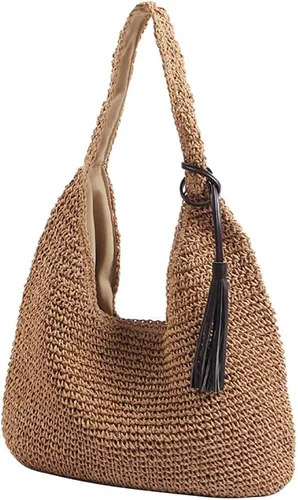 JBRUN Bolso de hombro de paja para mujer, bolso tejido hecho a mano, bolso de playa de verano, asa de cuero, bolsa de cubo grande
