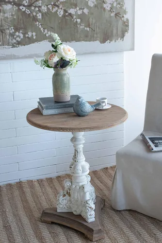 Mesa auxiliar redonda de campo francés, mesa auxiliar redonda de madera MGO lavada color blanco antiguo, mesa de centro de madera bohemia para sala