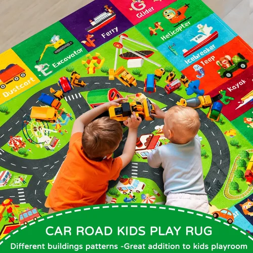 Miniatura 4 de Alfombra de juego para niños, alfombra de tráfico para carretera, 118 x 78.7 pulgadas, para sala de juegos, transporte ABC, alfombra educativa