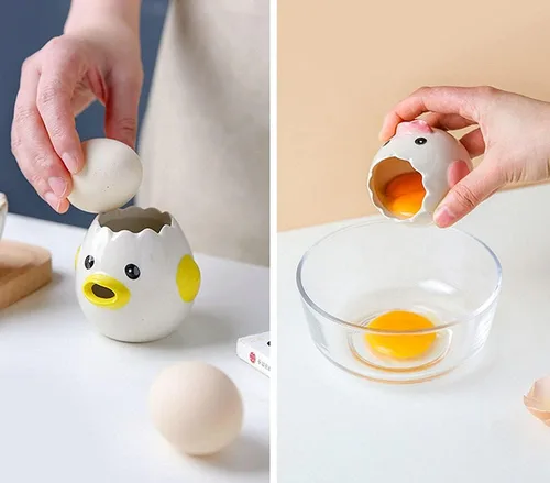 Miniatura 4 de Separador de Huevos Lindo LuoCoCo, Separador de Clara y Yema de Huevo de Cerámica con Diseño de Pollo Vomitando, Práctico Filtro Pequeño