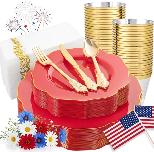 Miniatura 19 de NOCCUR 175 platos de plástico color oro rosa con cubiertos desechables, incluye 25 platos de cena, 25 platos de postre, 25 tenedores, 25 cuchillos