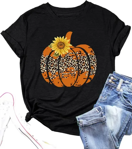 Miniatura 11 de Woffccrd - Camisetas divertidas con estampado de calabaza y leopardo para mujer, camisetas gráficas de manga corta de Halloween para mujer