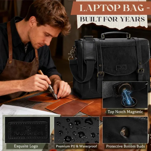 Miniatura 3 de RAINSMORE Bolso bandolera con solapa para hombre, de piel sintética vintage, estilo retro, de 15.6 pulgadas, con cartera, para laptop