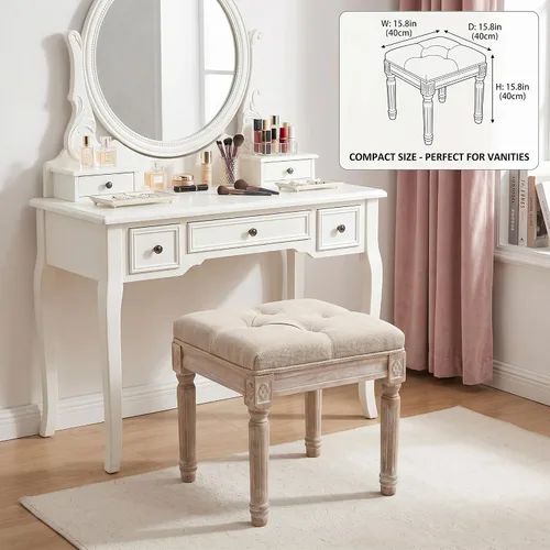 Miniatura 3 de Banco de entrada vintage francés de tela de lino, asiento otomano pequeño con patas de madera para piano/entrada, dormitorio, sala de estar, pasillo