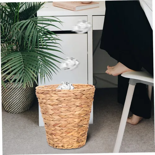 Miniatura 3 de Cesta de basura tejida de ratán, cesta de basura para oficina, cesta de almacenamiento de jacinto, cesta de basura tejida con paja, cesta