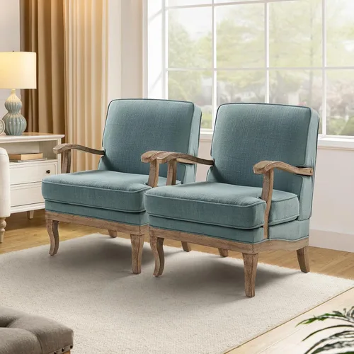 HULALA HOME Juego de 2 sillas decorativas de mediados de siglo, modernas, tapizadas, con reposabrazos y patas de madera maciza, silla de lectura Azul