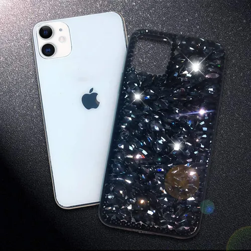 Miniatura 7 de Funda de lujo con pedrería para iPhone 15, funda de teléfono con purpurina 3D brillante y diamantes, color negro