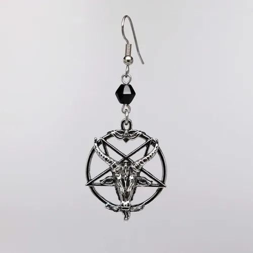 Miniatura 5 de Baphomet - Pendientes colgantes con diseño de cabeza de cabra invertida, acabado plateado, Peltre, acero quirúrgico