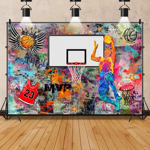 Miniatura 7 de Telón de fondo de baloncesto para decoración de fiesta de baloncesto, pancarta de 5 x 3 pies, foco de estadio, fotografía, telón de fondo