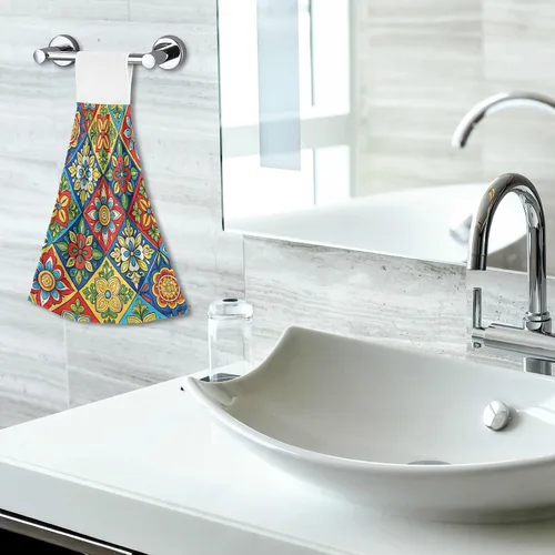Miniatura 7 de 2 toallas de mano colgantes suaves y absorbentes con patrón de talavera mexicana para cocina y baño