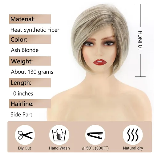 Miniatura 4 de TISHINING Pelucas rubias cortas en capas para mujeres blancas, longitud de la barbilla, color rubio ceniza, parte lateral, peluca Pixie Bob, cabello