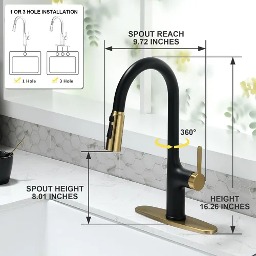 Miniatura 3 de Grifos de cocina, grifo de cocina negro y dorado con rociador extraíble, grifo de fregadero de cocina de acero inoxidable de arco alto, grifo