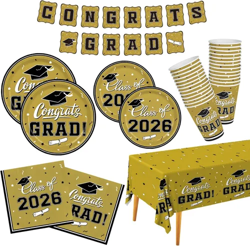 Miniatura 15 de Gatherfun suministros para fiesta de graduación 2022, para 25 comensales, vajilla roja y desechable de papel, con platos, servilletas, vasos, mantel
