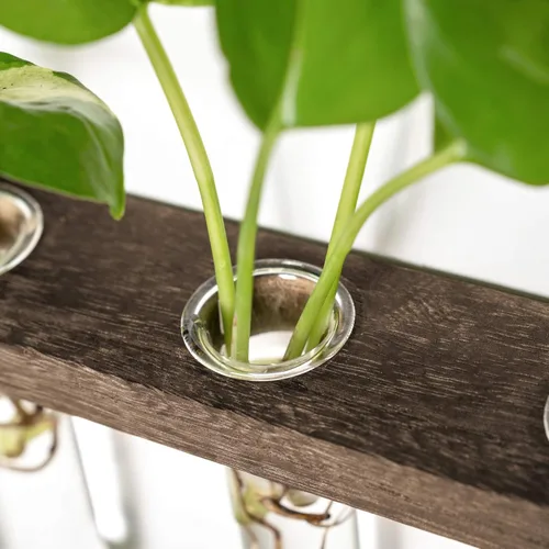 Miniatura 7 de Mkono Tubos de propagación de plantas, terrario colgante de pared de 3 niveles con soporte de madera, mini tubo de ensayo, florero de flores, Marrón