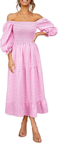 Miniatura 3 de NIUQI Vestido midi bohemio a cuadros para mujer cuello cuadrado hombros descubiertos manga abombada fruncido escalonado con volantes