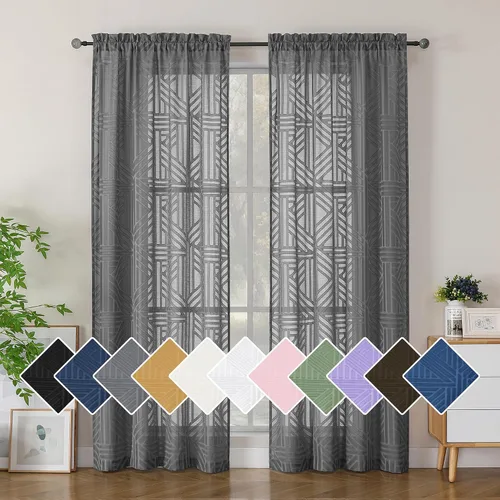 Miniatura 51 de Simplebrand Cortinas traslúcidas negras de cocina de 24 pulgadas de largo, 2 paneles, filtrado de luz, geométrico jacquard con textura, cortinas