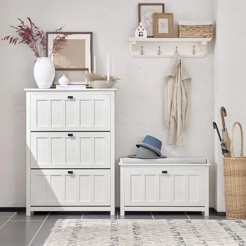 Miniatura 8 de Haotian Banco de almacenamiento de zapatos, para entrada, zapatero para pasillo, zapatero pequeño con cajón abatible y cojín de asiento, blanco